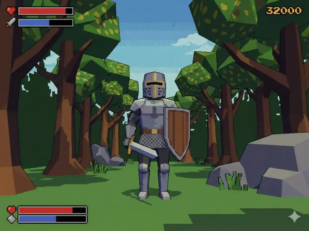 Create a low poly 3D style image of a knight standing in a blocky forest. The character and trees should be made of visible geometric polygons with sharp edges and no smoothing. The texture mapping should be pixelated, mimicking the graphics of a late 90s video game console in a 4:3 aspect ratio.