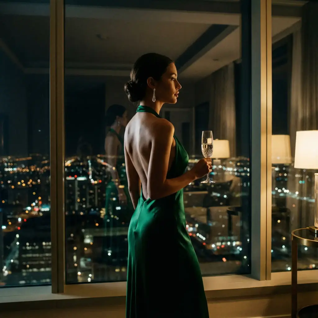 Create a sleek and sophisticated cinematic medium shot inside a luxury casino penthouse. A sophisticated woman stands in profile looking out a floor-to-ceiling window at a sprawling city skyline at night. She is wearing a backless emerald green silk evening gown and diamond drop earrings. Her posture is elegant and upright, holding a crystal champagne flute in one hand. The interior reflection of the room is faintly visible in the glass. The lighting is soft and glamorous, utilizing practical lights from the city outside to create a silhouette effect that outlines her figure (rim lighting). The color palette should be rich golds, deep blacks, and emerald greens. Aspect ratio 1:1.