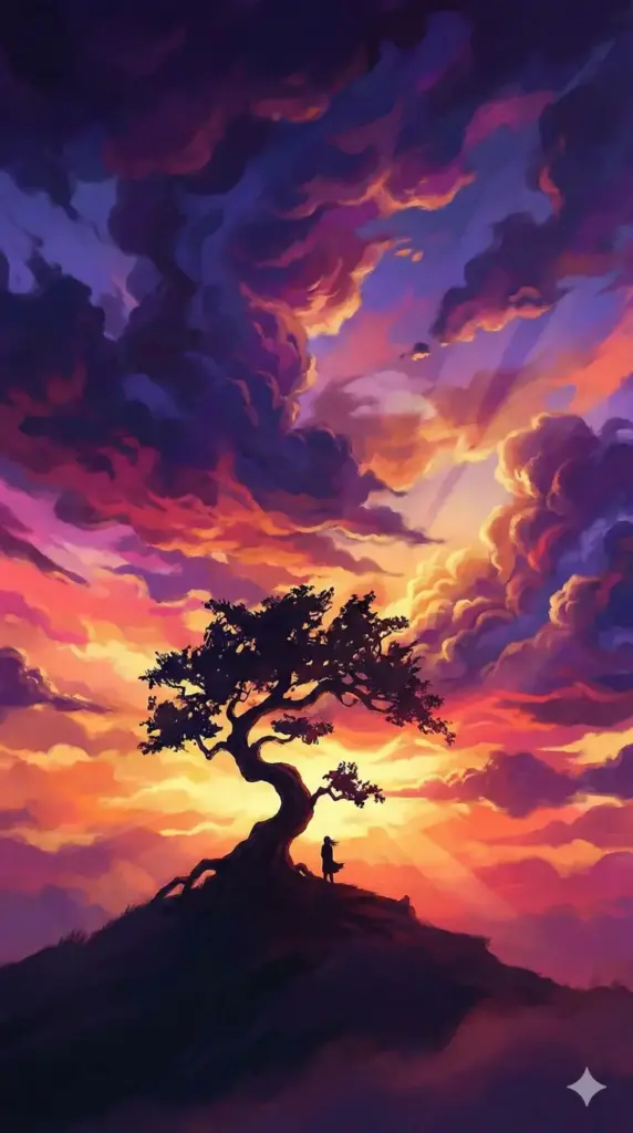 Create a phone wallpaper featuring a dramatic silhouette of a gnarled tree on a hill. The background is a stunning, colorful sky with voluminous clouds ranging from deep purple and blue to vibrant pink and orange, depicting a sunset. The style is digital art. 9:16 aspect ratio.