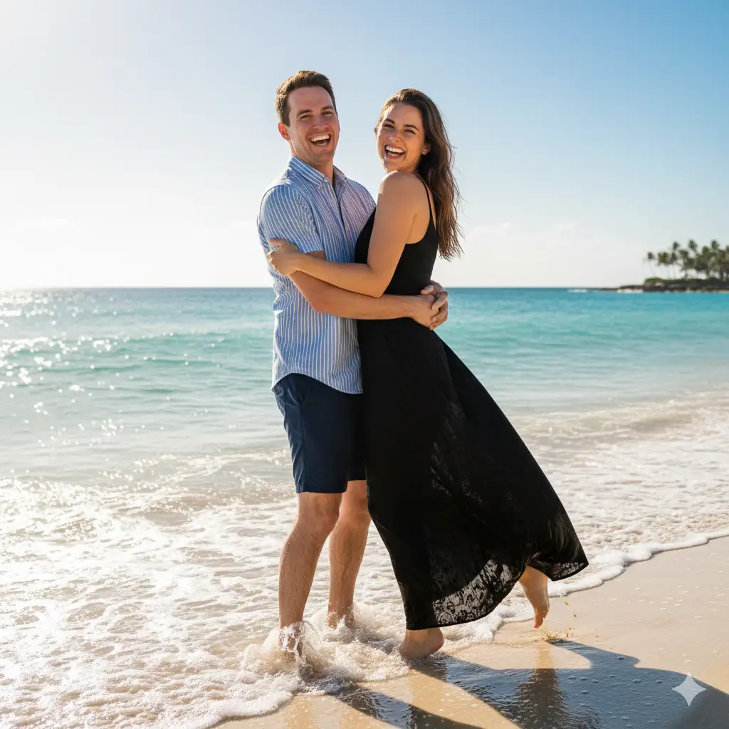 A joyful couple standing on the shore of a sunny beach, laughing and embracing as waves crash gently around their feet. The man, dressed in a casual striped short-sleeve shirt and dark shorts, holds the woman from behind, lifting her slightly as she smiles warmly toward the camera. The woman wears a long, sleeveless black dress that flows lightly in the breeze, the hem splashed by the sea foam. Their playful moment captures the sparkle of the sun on the water and the carefree energy of love by the ocean. The background features a vast blue sky blending seamlessly into the calm sea, creating a serene, romantic coastal atmosphere.
