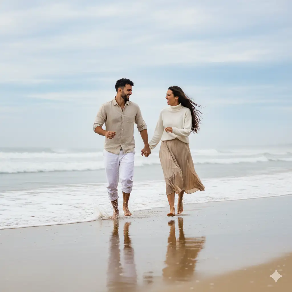 A cheerful couple running hand-in-hand along a sandy beach, laughing joyfully as the waves gently wash over the shore. The man, with short dark hair and a trimmed beard, wears a light beige button-down shirt and white trousers. The woman, with long dark hair flowing freely in the breeze, wears a white turtleneck top, and a beige pleated skirt. They run barefoot across the wet sand, their reflections faintly visible in the smooth, glossy surface below. The background features a soft, cloudy sky and calm ocean waves fading into the horizon, creating a dreamy, romantic atmosphere filled with motion and happiness.