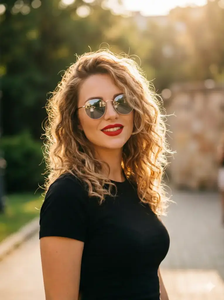 Create photo of a stylish woman is captured in a warm, late-afternoon outdoor portrait, bathed in golden-hour sunlight. She wears round, reflective sunglasses with thin metallic frames, which catch subtle glimmers of the surrounding environment. Her medium-length hair is voluminous and softly curled, blending shades of honey-blonde and light brown that glow under the warm backlight. She has smooth, even skin tones and wears bold, matte red lipstick that adds a striking focal point to the portrait. Her outfit is a simple fitted black t-shirt, creating a clean contrast that emphasizes her face and hair. The background is softly blurred with deep, muted tones, enhancing the depth and cinematic feel. The overall mood is modern, confident, and fashionable, with a polished editorial-photography aesthetic and a soft, sunlit rim light outlining her silhouette. Use 3:4 aspect ratio.