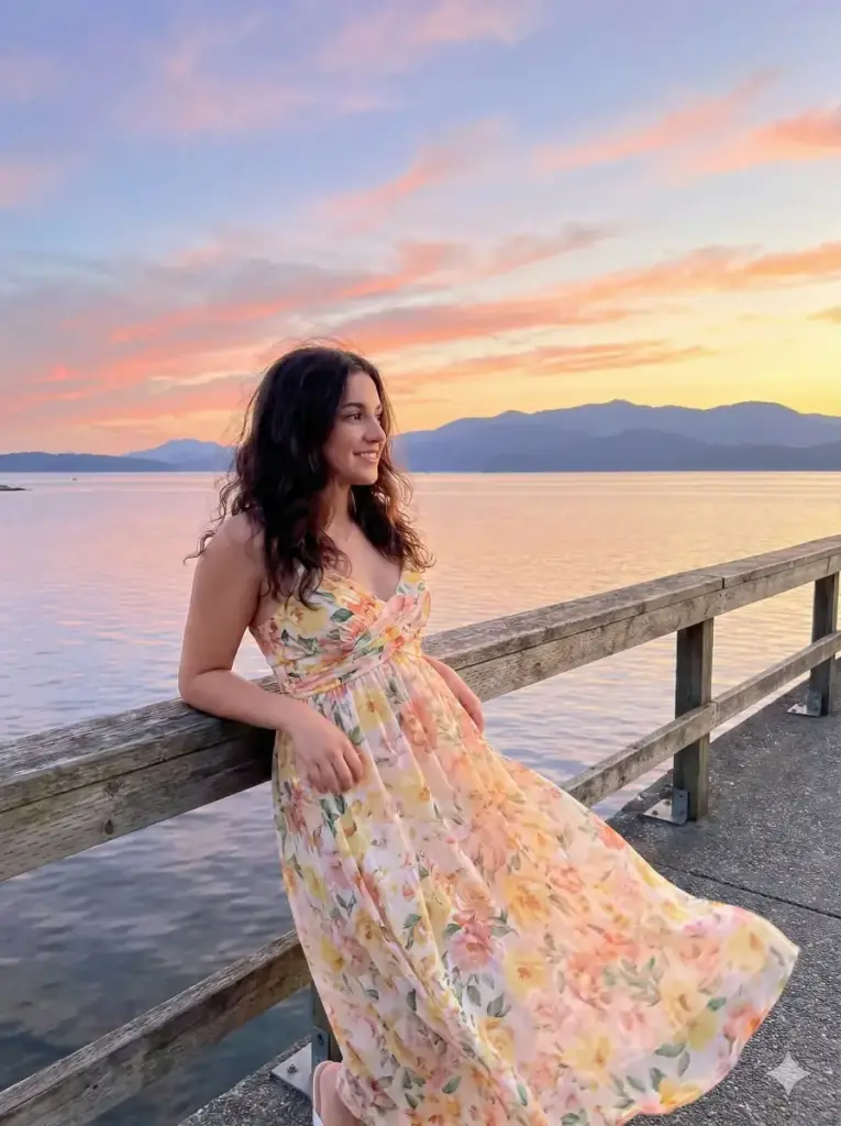 Create photo of a young woman stands near a waterfront railing during a serene sunset, bathed in golden, rosy evening light. She wears a flowing floral dress featuring soft yellow, peach, and pink blossoms with delicate green leaves, giving the scene a gentle, summery elegance. The dress has short, slightly puffed sleeves and a fitted waist that transitions into a light, airy skirt. Her long, dark hair falls smoothly over her shoulders in loose waves, catching the soft backlight from the sunset. She smiles gently while gazing toward the horizon, adding a natural, candid charm to the moment. Behind her, a calm body of water reflects the pastel hues of the sky—lavenders, apricots, and pale blues—while distant mountains softly silhouette against the fading daylight. The overall mood is peaceful, romantic, and cinematic, with a dreamy sunset ambience and a light summer breeze suggested through her gentle posture and flowing dress. Use 3:4 aspect ratio.