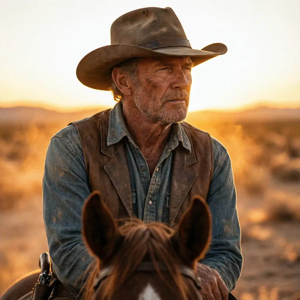 Create a rugged cinematic portrait shot during the golden hour in a vast desert landscape. An older male cowboy sits atop a horse (cropped to show only the rider and the top of the horse's head). He is wearing a weathered leather hat pulled low, a dusty denim shirt, and a leather vest. He is looking towards the horizon with squinted eyes. The sun is setting behind him, creating a powerful backlight that makes the dust in the air glow orange and gold. The camera angle is slightly low, looking up at him to make him appear heroic. Capture the texture of the leather and the stubble on his face. Aspect ratio 1:1.