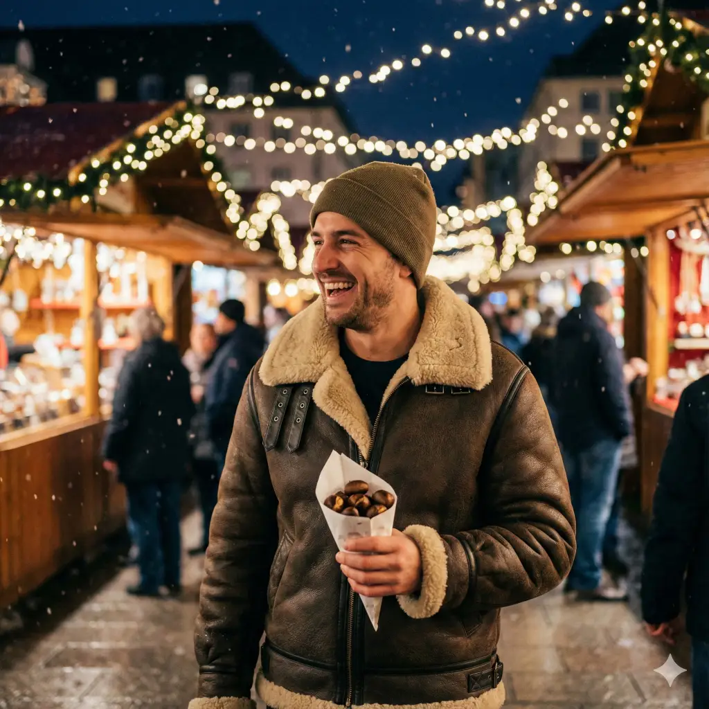 Create a candid, cinematic photo with an aspect ratio of 1:1 of a man exploring a bustling European Christmas market at night. He is holding a paper cone of roasted chestnuts. He is wearing a heavy shearling bomber jacket and a beanie. He is laughing, looking at a stall off-camera. The background is filled with bokeh circles from hundreds of string lights, wooden stalls, and a crowd of people that fades into a blur.