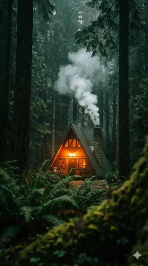 Create a phone wallpaper of a cozy, orange A-frame cabin nestled deep in a dark green forest. Thick white smoke is billowing from the chimney. The image should have a moody, cinematic feel with high contrast between the orange house and the dark trees. Include blurred green foliage in the immediate foreground to add depth. 9:16 aspect ratio.