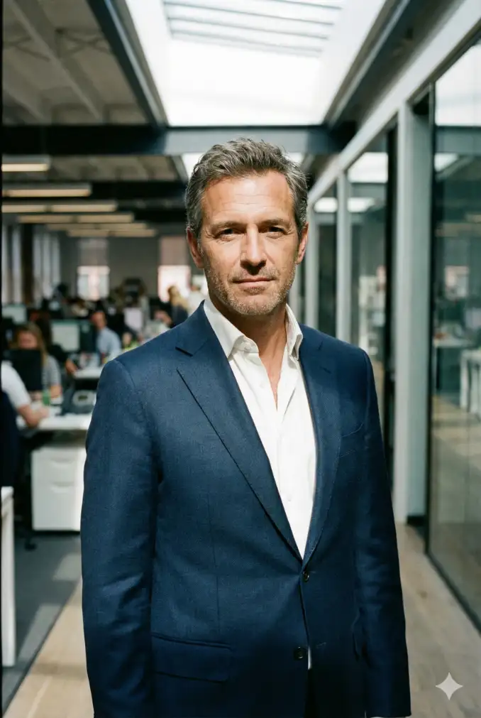 Create a realistic portrait of a man in his forties, aspect ratio 2:3. He stands in an office environment with natural overhead lighting. He wears a dark blue suit without a tie and has a calm professional expression. Capture true to life skin tones and fabric texture. The background should be a blurred office corridor or workspace that fits the realistic look.