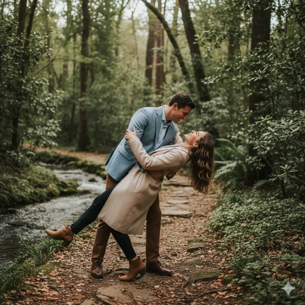 A romantic outdoor scene of a couple sharing a playful dance moment in a lush, forest setting. The man, dressed in a light blue blazer, brown trousers, and a pale blue shirt, gently dips the woman backward in a graceful pose as they both smile joyfully at each other. The woman, wearing a light beige coat, holds onto his shoulder for balance, her hair cascading freely as she leans back. They stand on a natural path lined with rocks and fallen leaves beside a gently flowing stream, with soft greenery filling the background. The lighting is natural and diffused, giving the moment a cinematic, timeless quality.