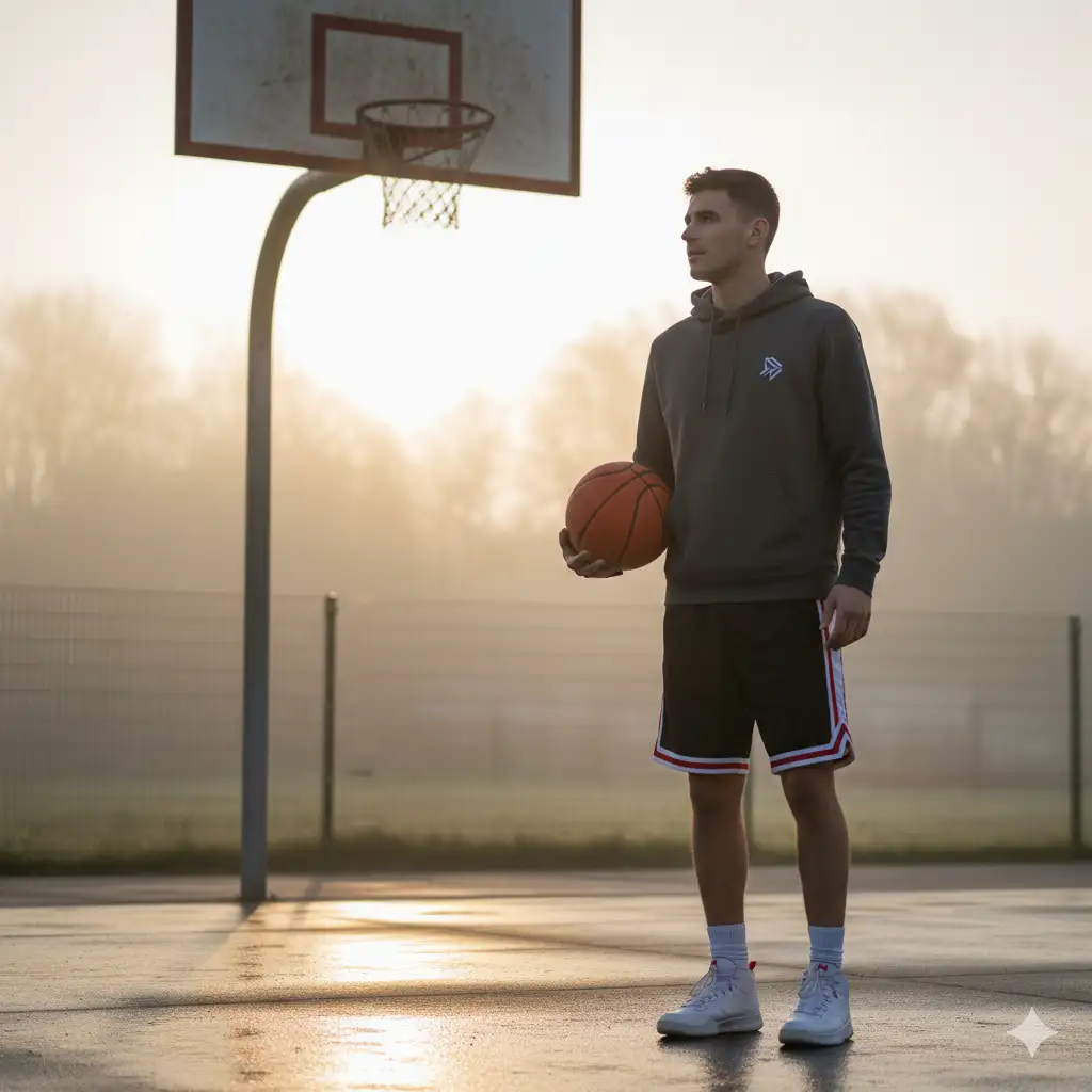 Create a young man stands on an outdoor basketball court at sunrise, holding a basketball in one hand and gazing thoughtfully toward the hoop. He wears a gray hoodie with a minimalist sports logo, black basketball shorts with red and white trim, and white sneakers with red accents. Soft morning light and mist create a calm, atmospheric background, with the faint outline of a chain-link fence behind him. The ground is slightly wet, reflecting the warm light of dawn. The scene captures a quiet, motivational moment before practice.