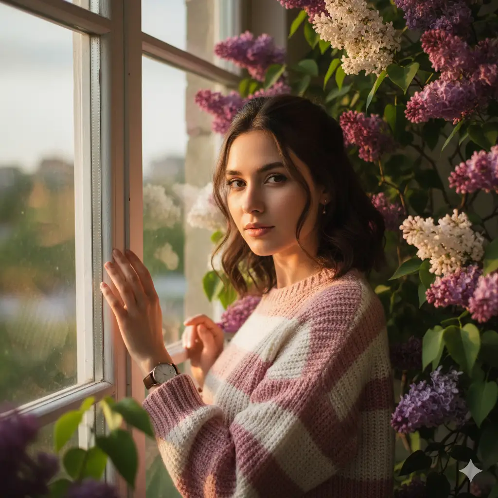 Create a serene portrait of a young woman standing by a sunlit window framed with blooming lilac flowers. She wears a cozy pink and cream striped knit sweater and a wristwatch, her hand gently resting on the window frame. The soft golden hour light bathes her face, creating a warm, intimate glow and gentle shadows. Her dark hair is half-tied back, and she gazes toward the camera with a calm, thoughtful expression. The background is softly blurred, emphasizing the delicate lilac blossoms and the tranquil, romantic atmosphere of a spring afternoon.