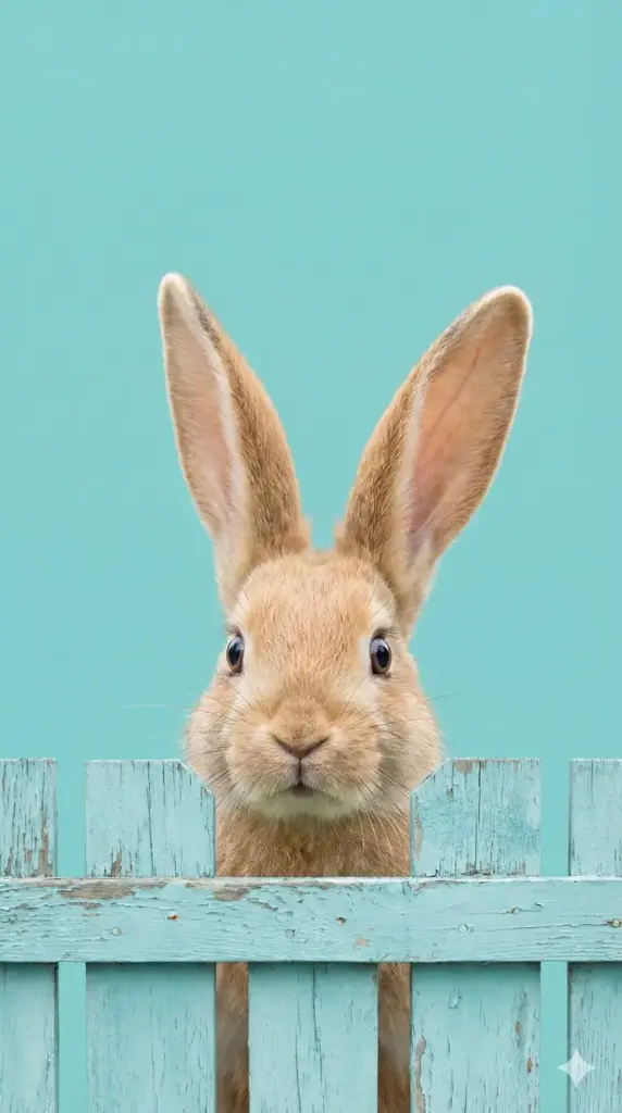 Create a phone wallpaper of a cute, light brown bunny rabbit peeking its head over a light blue wooden fence. The bunny has long ears standing straight up and wide eyes. The background is a solid, clean cyan color that matches the fence. The style should be hyper-realistic and adorable. 9:16 aspect ratio.