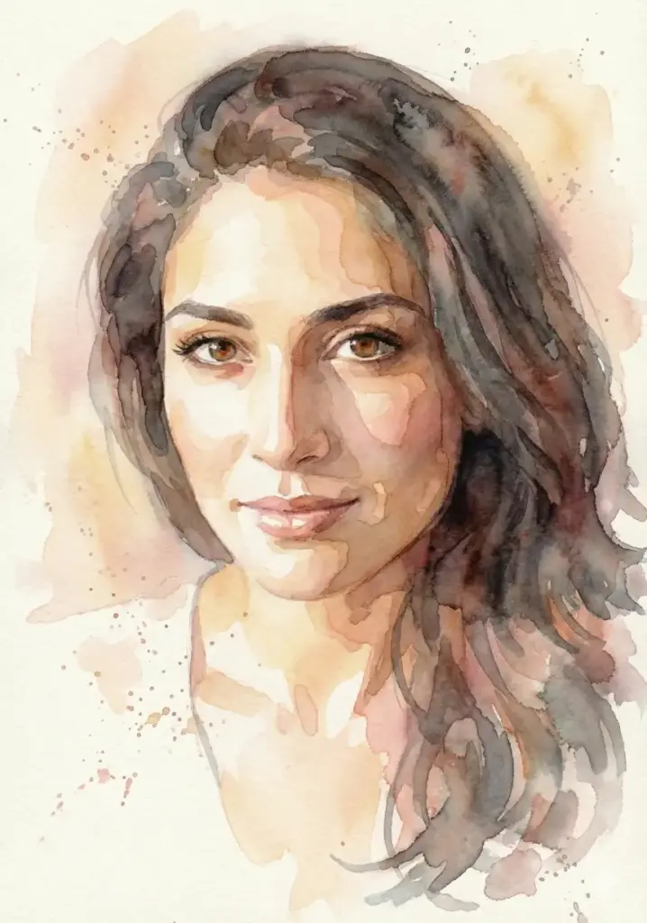 Create a watercolor version of this portrait with soft washes of paint, light bleeding edges, and pastel tones. Keep facial features recognizable while adding delicate splashes and a light paper texture.