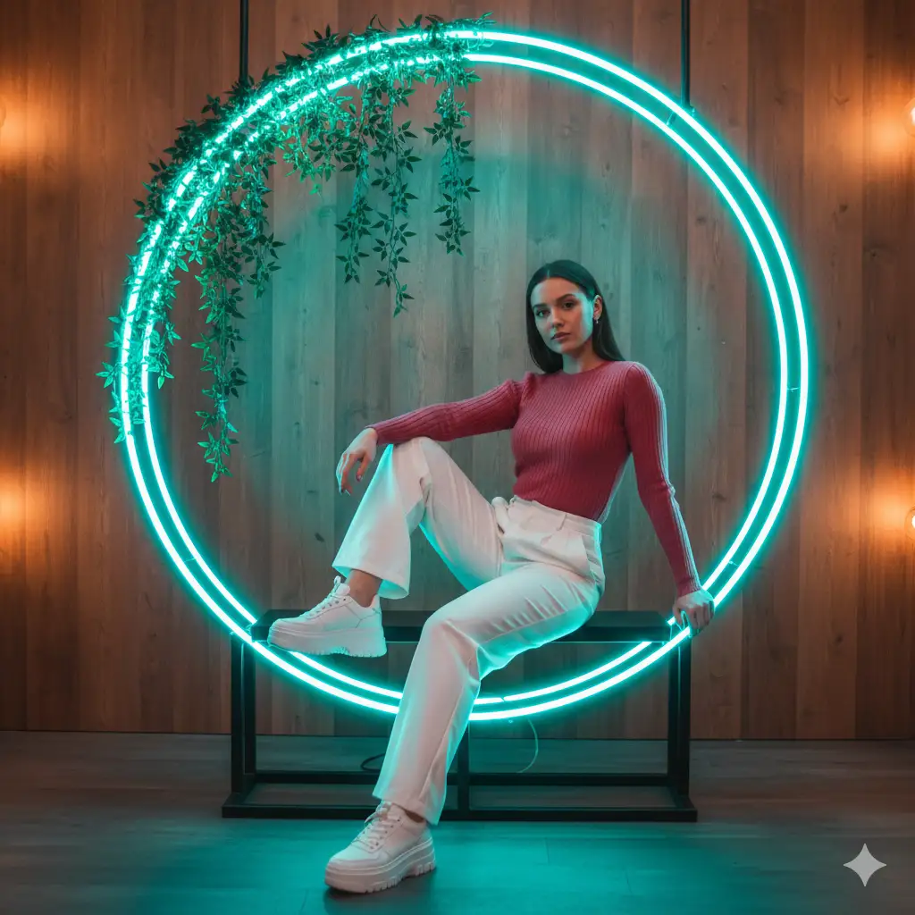 Create a modern indoor portrait of a young woman sitting stylishly inside a circular neon-lit frame decorated with hanging green vines. She wears a fitted rose-pink ribbed sweater paired with high-waisted white trousers and chunky white sneakers, exuding a clean, contemporary look. The background features soft warm lighting and wooden textures, complemented by the cool glow of teal neon light outlining the circular frame. The overall aesthetic is trendy and cinematic, blending cozy ambiance with a touch of modern sophistication.
