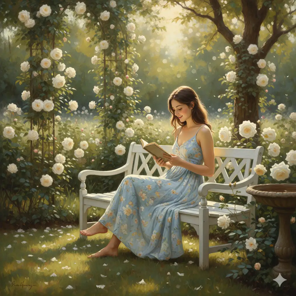 Create a serene outdoor portrait of a young woman sitting gracefully on a white garden bench surrounded by blooming white roses. She is reading a book, absorbed in a quiet moment of reflection. She wears a light blue floral dress that flows softly around her, blending beautifully with the pastel tones of the garden. Sunlight filters gently through the trees, casting a warm, golden glow and creating a soft bokeh effect in the background. The overall atmosphere is calm, romantic, and timeless.