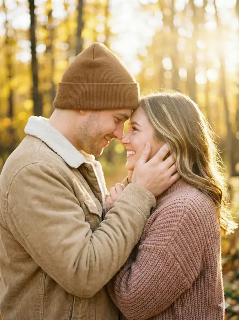 Create a tender, close-up couple portrait taken in a glowing autumn forest during golden hour. The man wears a brown beanie and a tan corduroy jacket with a sherpa lining, smiling softly as he leans his forehead gently against the woman's. The woman, dressed in a chunky knit blush-brown sweater, places both hands tenderly on his face, her fingers brushing his cheeks as she gazes at him with a bright smile. Her hair catches the warm sunlight, creating subtle highlights. The background features softly blurred trees lit by the golden setting sun, creating a dreamy bokeh and warm halo effect. Use aspect ratio 3:4.