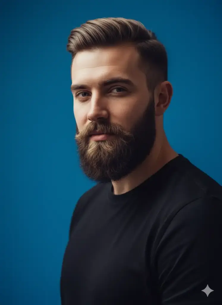 Create a high-impact and artistic profile picture for X, based on my photo of a man. He should be wearing a simple, high-quality black t-shirt. The key element is the background: a solid, vibrant, and saturated color like electric blue or deep teal that makes the subject pop. The lighting should be dramatic and high-contrast, coming from one side to create a defined shadow across the other side of his face, adding a sense of depth and character. The composition is a close-up, slightly off-center headshot with a strong, compelling expression, designed to be visually arresting in a busy feed.