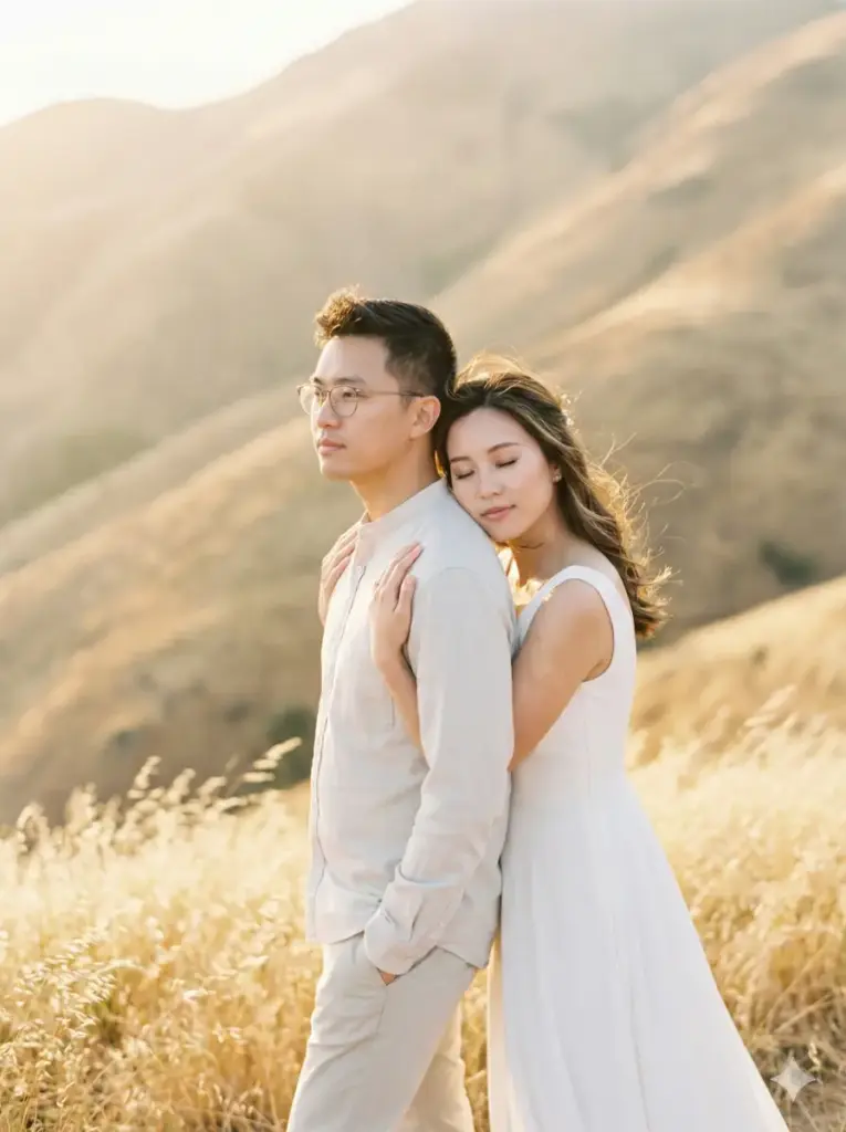 Create a soft, heartfelt couple portrait captured on a quiet mountainside during golden hour. The scene features rolling, sunlit hills in warm beige and golden tones, softly blurred in the background for a dreamy depth. The couple stands close together, facing sideways toward the horizon. The man wears light, neutral-colored clothing and glasses, looking ahead with a calm, thoughtful expression. The woman stands behind him, gently embracing him with her arms wrapped loosely around his shoulders, her cheek resting tenderly against his back. She wears an elegant, fitted white dress, her eyes closed peacefully as the sunlight highlights her hair and features. Dry grass in the foreground sways subtly, adding a natural, rustic touch. Use 3:4 aspect ratio.