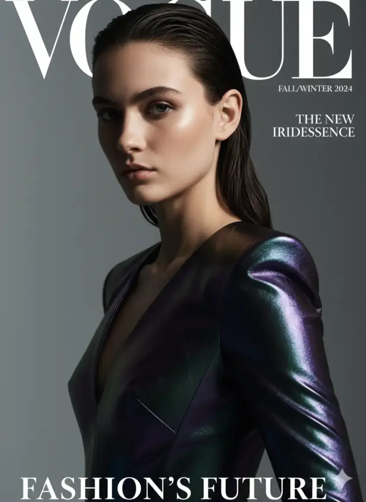 Create a high-fashion magazine cover photo featuring a striking young woman with sharp, angular features and slicked-back, wet-look hair. She is posed in a powerful three-quarter turn, gazing intensely and directly into the camera with a neutral expression. She wears an avant-garde, sculptural gown made of iridescent, oil-slick material that catches the light in shades of purple, green, and blue. The background is a minimalist, matte grey studio setting, ensuring all focus is on her and the garment. The lighting is dramatic and high-contrast, with a single key light creating deep shadows and highlighting the contours of her face and the texture of the dress, shot in a crisp, medium close-up.