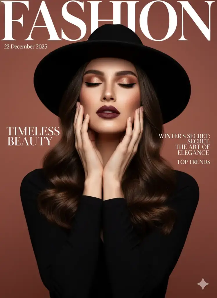 Create a high-end fashion magazine cover titled FASHION, dated 22 December 2025. The composition features a poised female model with smooth, radiant skin and long, dark hair, posing gracefully with her eyes closed and both hands gently touching her face. She wears a wide-brimmed black hat that casts a subtle shadow, adding dramatic sophistication. Her makeup is elegant, shimmery eyeshadow, bold eyeliner, and matte burgundy lipstick, exuding timeless beauty and confidence. The model is dressed in a sleek black outfit, photographed against a warm terracotta-pink gradient background that contrasts beautifully with the dark tones of her attire.
