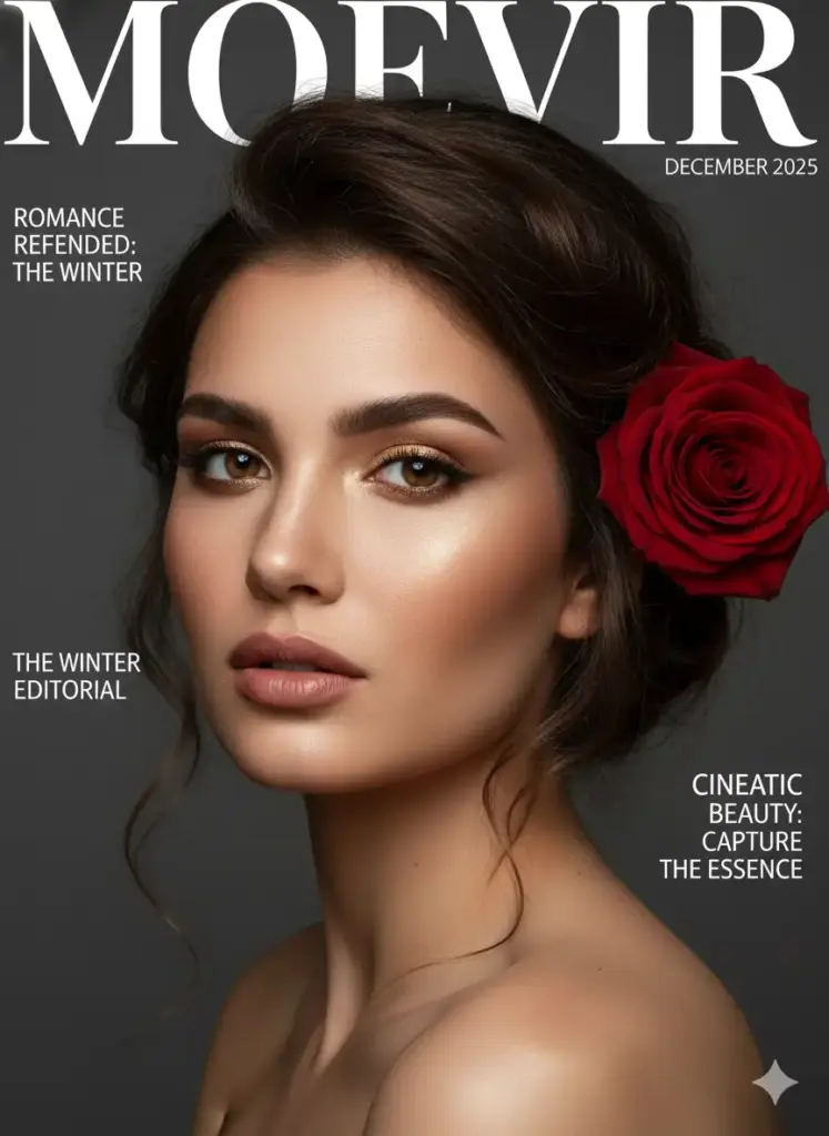A glamorous fashion magazine cover inspired by MOEVIR Magazine, December 2025. The cover features an elegant close-up portrait of a woman with softly tousled brunette hair and warm sun-kissed skin. Her makeup is polished yet understated and defined brows that frame her expressive eyes. A deep red rose is tucked behind her ear, adding a bold romantic accent to her sophisticated beauty. The background is a smooth charcoal gray, allowing the model's glowing complexion and rich hair tones to stand out with cinematic depth.