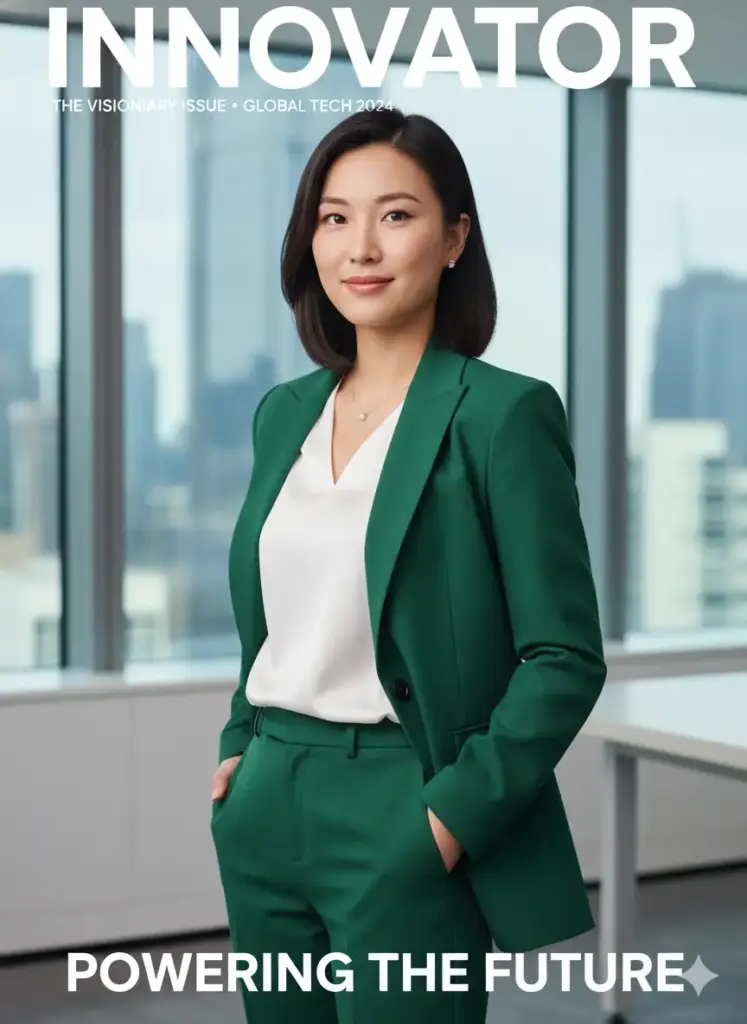 Create a powerful and modern magazine cover photo of a young, confident woman of East Asian descent, an entrepreneur in the tech world. She is standing with a self-assured posture, one hand in the pocket of her trousers, offering a slight, knowing smile directly to the camera. She is dressed in an impeccably tailored, bold emerald green pantsuit over a simple white silk blouse. The background is a sleek, minimalist office interior with clean lines and a large window showing a blurred cityscape. The lighting is bright, clean, and professional, characteristic of a high-end studio portrait, making her appear sharp and capable. The shot is a three-quarter length portrait.