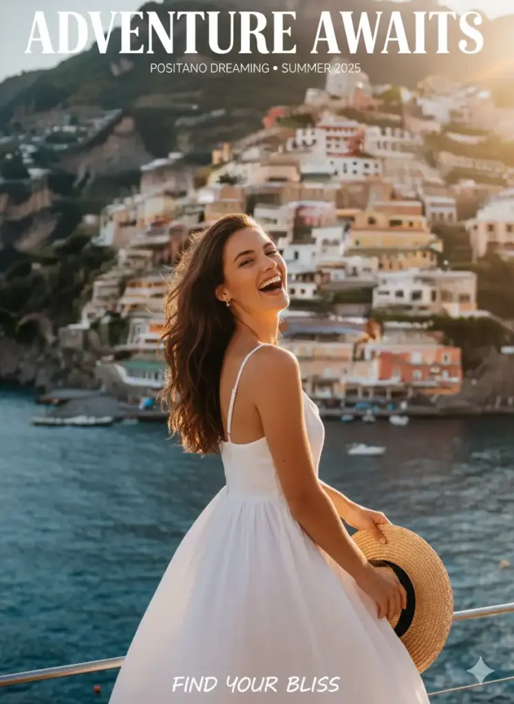 Create a vibrant and joyful travel magazine cover photo of a young woman with sun-kissed skin and wind-blown brown hair. She is captured mid-laugh, turning back towards the camera as if sharing a moment of pure bliss. She is wearing a flowy, white linen sundress and a wide-brimmed straw hat that she holds onto with one hand. The background is the stunning, iconic coastline of Positano, Italy, with its colorful cliffside houses and the sparkling blue Mediterranean Sea. The lighting is the bright, warm glow of the late afternoon golden hour, creating a beautiful lens flare and highlighting her joyful expression.