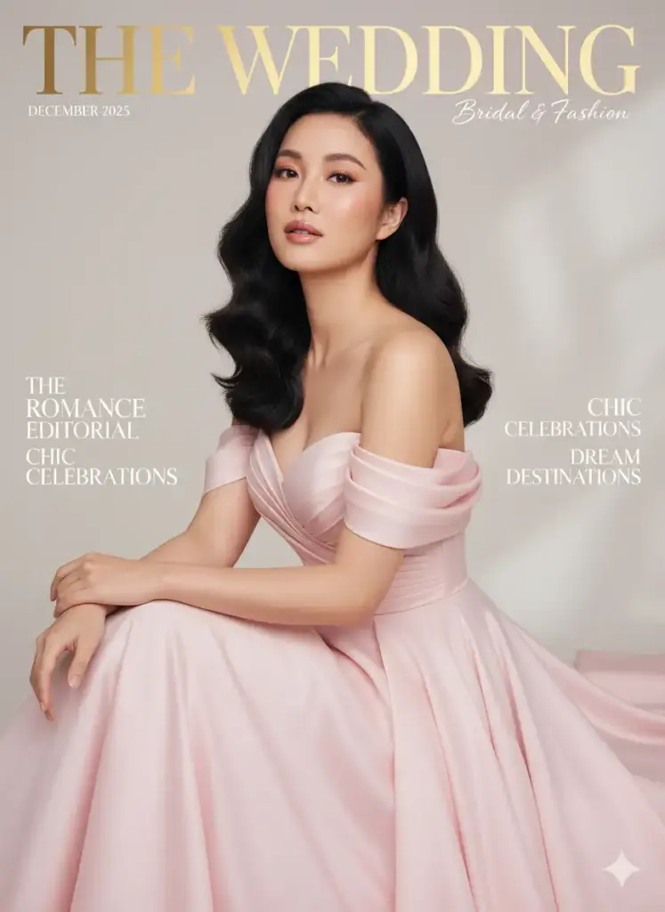 Create a luxurious bridal and fashion magazine cover inspired by The Wedding. The cover features a poised woman exuding grace and sophistication, dressed in an elegant flowing soft pink gown with draped sleeves and a structured bodice. She poses seated against a pastel-toned backdrop, her expression calm and confident. Her shoulder-length wavy black hair frames her face beautifully, and her makeup is luminous and refined, warm-toned eyeshadow, and radiant skin.