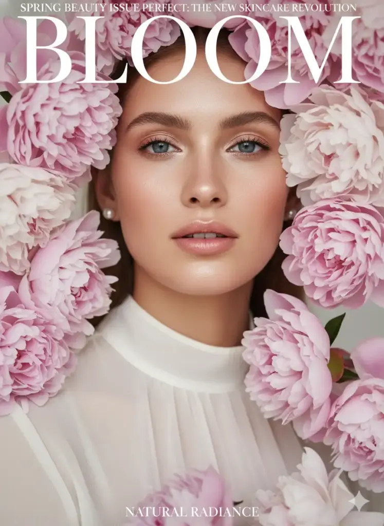 Create a close-up magazine cover portrait of a young woman with dewy skin and minimal makeup, surrounded by soft pink peonies. She’s wearing a sheer chiffon blouse and small pearl earrings. Her eyes are calm yet powerful, and the lighting is soft, diffused, and feminine. Beauty editorial photography style.