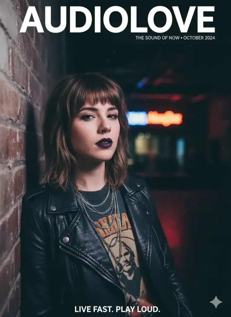 Create a cool and atmospheric music magazine cover featuring a young female musician with bold, dark lipstick and a stylishly messy shag haircut. She is leaning against a gritty, exposed brick wall in a backstage area, looking at the camera with a cool, nonchalant confidence. She wears a vintage band t-shirt, a black leather biker jacket draped over her shoulders, and layered silver necklaces. The setting is dimly lit, with the background filled with the bokeh of distant stage lights and neon signs. The lighting is moody and cinematic, with a single colored light (perhaps a deep blue or magenta) casting a dramatic hue on one side of her face. The image should have a slight film grain texture.