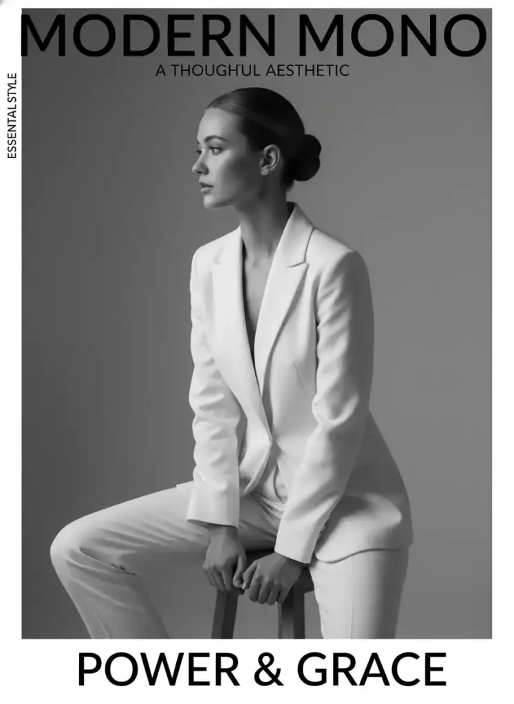 Create an artistic black-and-white magazine cover of a young woman sitting on a stool wearing a tailored white suit with an open collar. She looks to the side with a thoughtful gaze, hair styled in a sleek bun. The background is plain gray, emphasizing her posture and silhouette. Fine-art editorial tone with soft contrast.