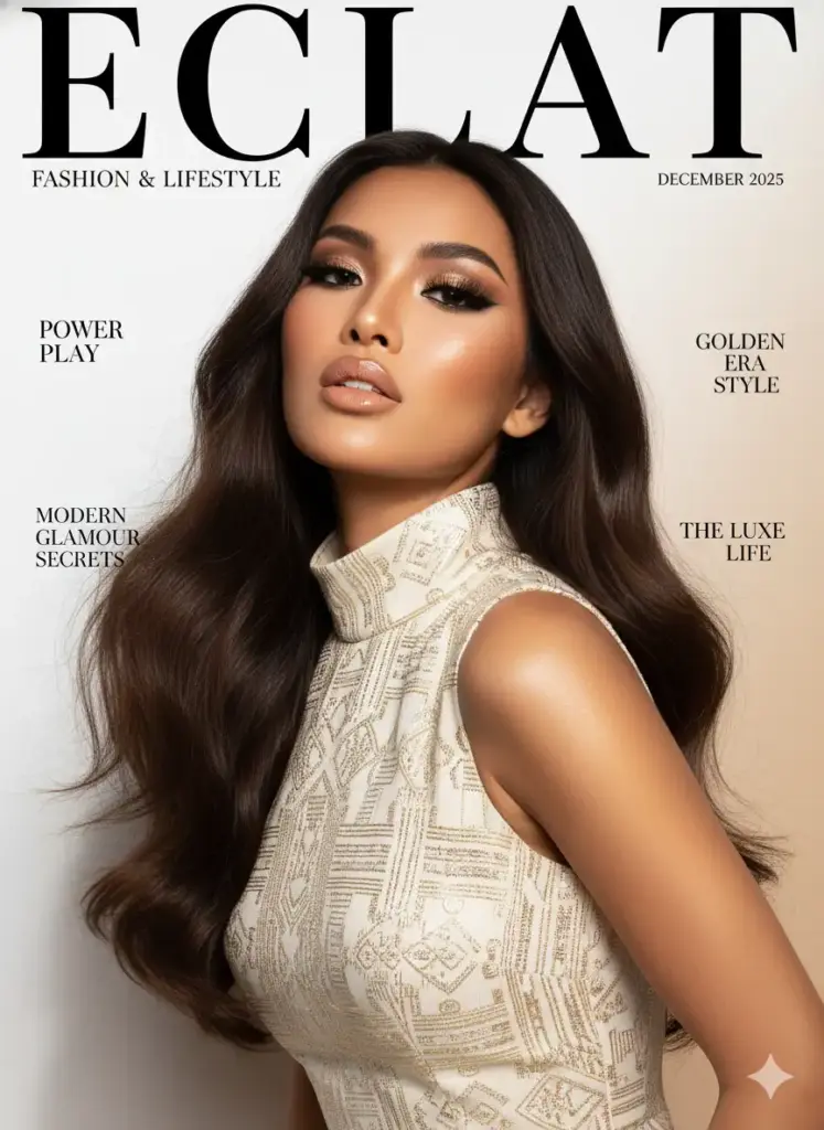 Create a sophisticated fashion and lifestyle magazine cover, featuring a confident female model posed with her head slightly tilted back and hair flowing naturally, exuding power and elegance. She has radiant bronzed skin, glossy dark brown hair, and dramatic makeup, bold black eyeliner, voluminous lashes, shimmering bronze eyeshadow, and glossy lips. Her expression is fierce yet poised, embodying modern glamour. She wears a sleeveless, cream-toned patterned dress with subtle metallic or golden details that catch the light, adding luxury to the composition. The background is a clean, soft gradient of white and beige, enhancing the polished editorial look.