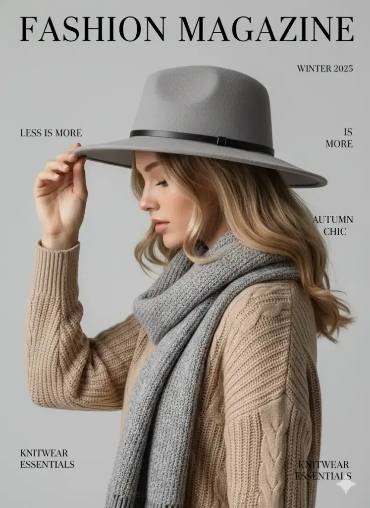 Create a minimalist and elegant fashion magazine cover titled FASHION MAGAZINE, featuring a serene portrait of a stylish woman posed in profile, gently tilting her head downward while holding the brim of her hat. She has soft, flowing blonde hair and wears a cozy beige knit sweater paired with a chunky, textured gray scarf. Her wide-brimmed gray felt hat with a thin black band adds sophistication and autumn charm to the look.