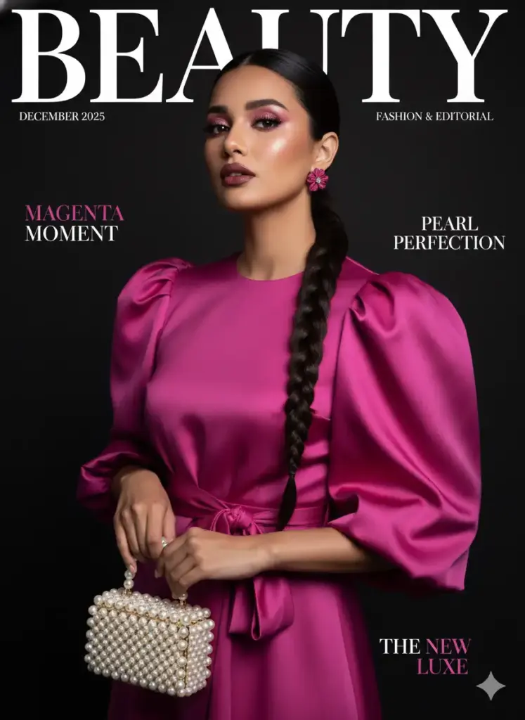 Create a sleek and luxurious beauty and fashion magazine cover inspired by BEAUTY, December 2025 issue. The composition features a poised female model exuding confidence and modern elegance. She is dressed in a vibrant magenta satin dress with puffed sleeves and a waist tie, posing gracefully against a deep black background that accentuates her radiant presence. Her long dark hair is styled into a sleek, polished braid cascading over one shoulder. She holds a pearl-embellished handbag in one hand, its iridescent details glimmering softly under the studio lights. Her makeup is flawless. She wears delicate floral earrings that match her outfit's hue, adding a touch of playful refinement.