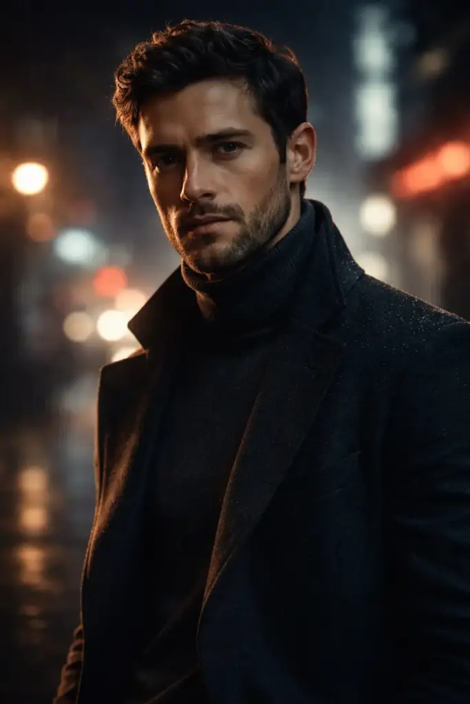 Create a cinematic portrait of a man standing slightly sideways, shoulders relaxed, with a calm but intense expression. He is wearing a dark tailored coat over a charcoal turtleneck, with subtle texture visible in the fabric. Soft rim light outlines his face and shoulders, while a warm key light highlights his eyes. The background is a blurred urban night scene with faint neon lights and rain reflections, creating depth and atmosphere. Shallow depth of field and dramatic color grading enhance the cinematic feel.