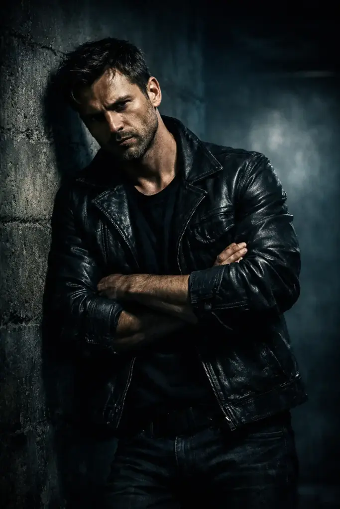 Create a cinematic portrait of a man leaning against a textured concrete wall, arms crossed loosely, head slightly tilted forward. He is dressed in a rugged leather jacket, plain black T-shirt, and dark jeans. A single overhead light creates strong shadows on his face, emphasizing jawline and expression. The background is minimal and moody, with industrial tones and soft haze. High contrast lighting and cool color tones give a dramatic cinematic look.