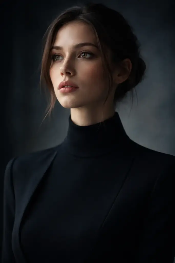 Create a cinematic portrait of a woman framed closely from the chest up, her posture upright and expression thoughtful. She is wearing a black high-neck outfit with clean lines and a modern cut. Soft diffused lighting wraps around her face, highlighting skin texture and eyes. The background is a dark gradient with hints of blue and grey tones. Minimal composition, controlled lighting, and cinematic color tones give a refined, dramatic look.