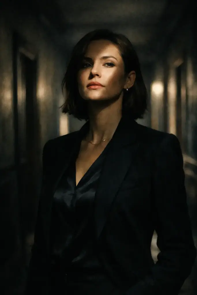 Create a cinematic portrait of a woman standing in a dimly lit hallway, her posture straight with her chin slightly raised, conveying quiet confidence. She is wearing a tailored black blazer over a satin blouse, with minimal jewelry. A narrow beam of light falls across her face, creating soft highlights on her cheekbones while the rest fades into shadow. The background shows blurred door frames and textured walls, adding depth and mystery. Muted tones and film-style contrast complete the cinematic mood.