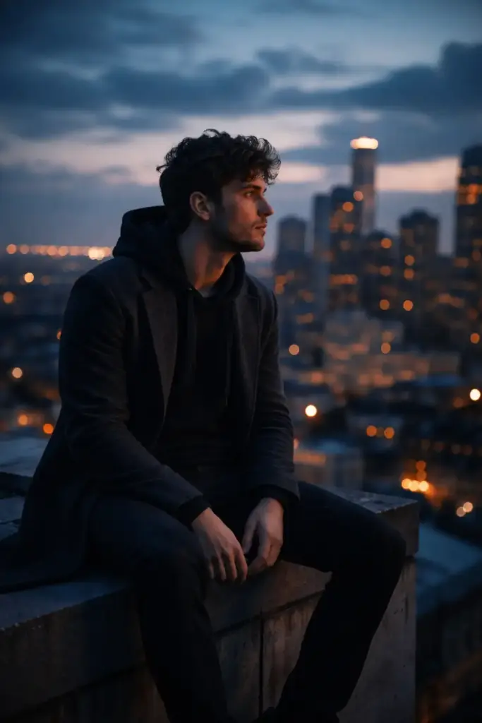 Create a cinematic portrait of a man sitting on the edge of a rooftop at dusk, shoulders relaxed and gaze directed toward the horizon. He is wearing a dark hoodie layered under a long coat, paired with fitted trousers. Cool ambient light from the evening sky mixes with warm city lights reflecting on his face. The background features an out-of-focus skyline with glowing windows and soft clouds. Balanced color grading and shallow depth of field create a moody cinematic feel.
