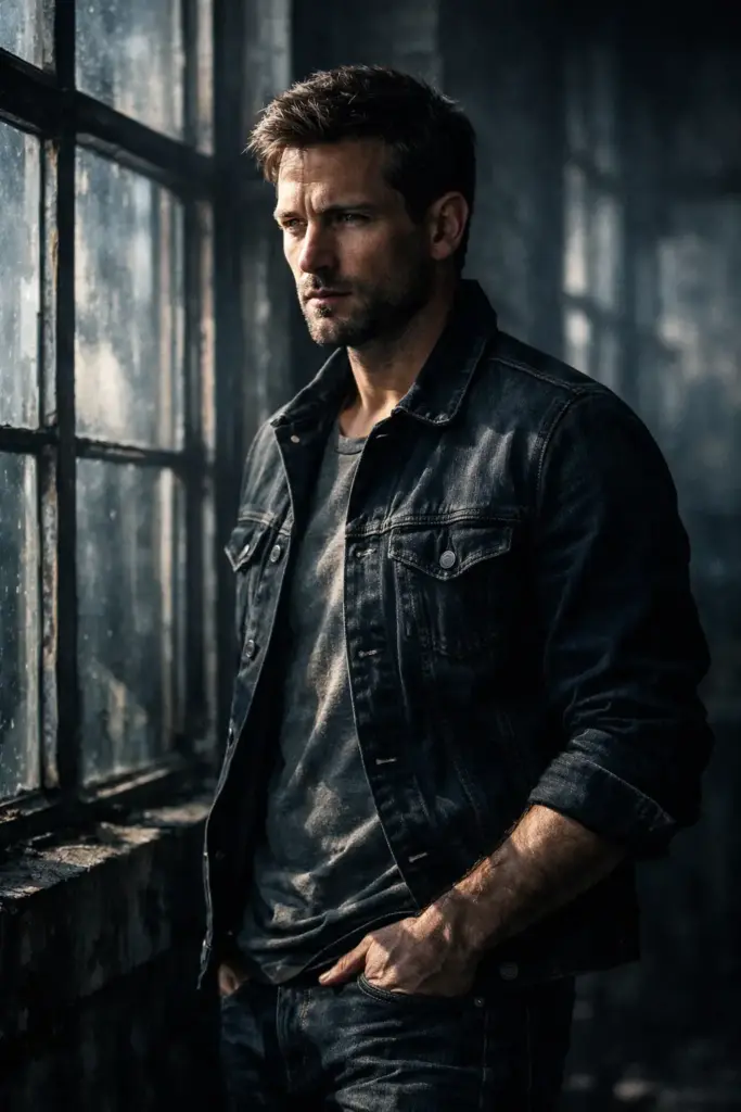 Create a cinematic portrait of a man standing near a large industrial window, one hand in his pocket, shoulders slightly turned. He is wearing a dark denim jacket over a neutral T-shirt. Natural light streams through the window, casting dramatic shadows across his face and body. The background features metal frames and dusty glass, softly out of focus. High contrast lighting and cool tones give a raw cinematic style.