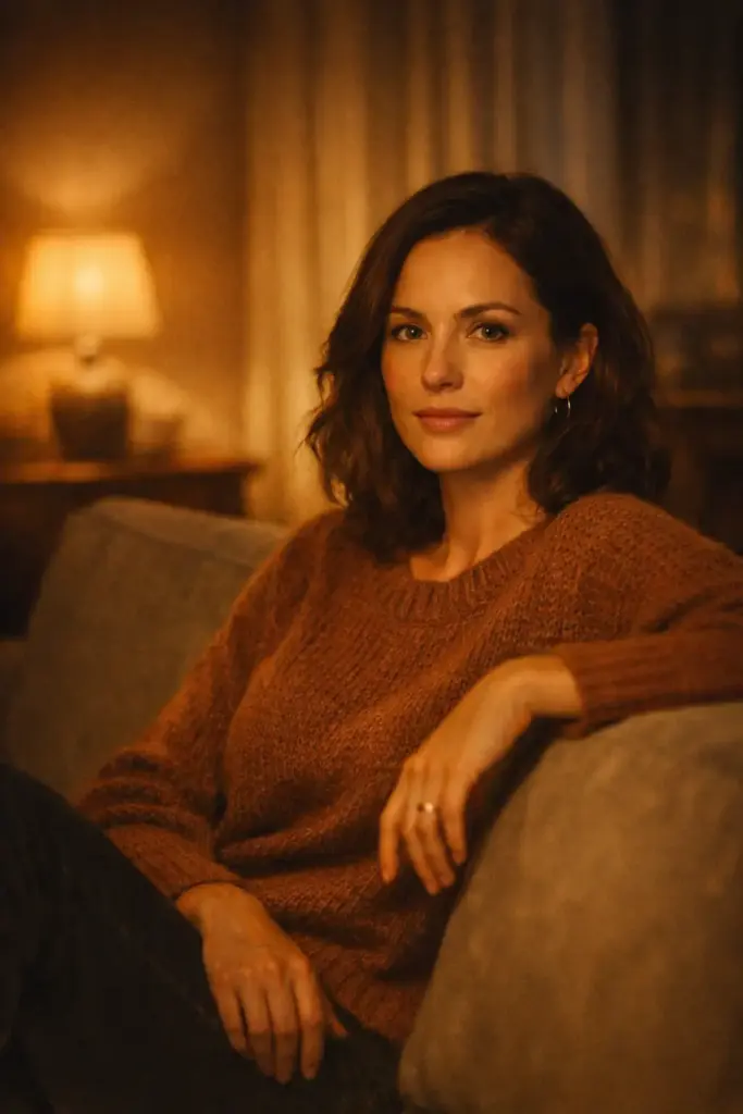 Create a cinematic portrait of a woman seated on a sofa in a softly lit living room, posture relaxed yet composed. She is wearing a warm-toned knit sweater with subtle texture. Light from a nearby lamp creates a gentle glow on her face while the rest of the room fades into shadow. The background includes blurred furniture and curtains, adding depth. Warm color grading and subtle film grain create an intimate cinematic atmosphere.