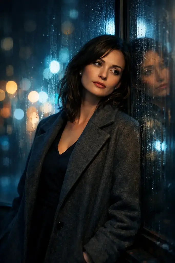Create a cinematic portrait of a woman standing beside a rain-streaked window at night, her posture relaxed with one shoulder leaning lightly against the glass. She is wearing a soft wool coat layered over a dark dress. Reflected city lights mix with cool blue tones on the window, casting gentle highlights across her face. The background fades into abstract bokeh and reflections, creating a quiet, emotional atmosphere with cinematic depth.