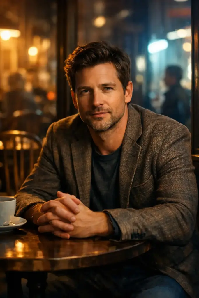 Create a cinematic portrait of a man seated at a small café table, elbows resting loosely, hands clasped in front of him. He is wearing a textured blazer over a simple crew-neck shirt. Warm indoor lighting illuminates his face while cool street light spills in from outside. The background shows blurred chairs, glass reflections, and passing silhouettes, giving a lived-in cinematic feel.
