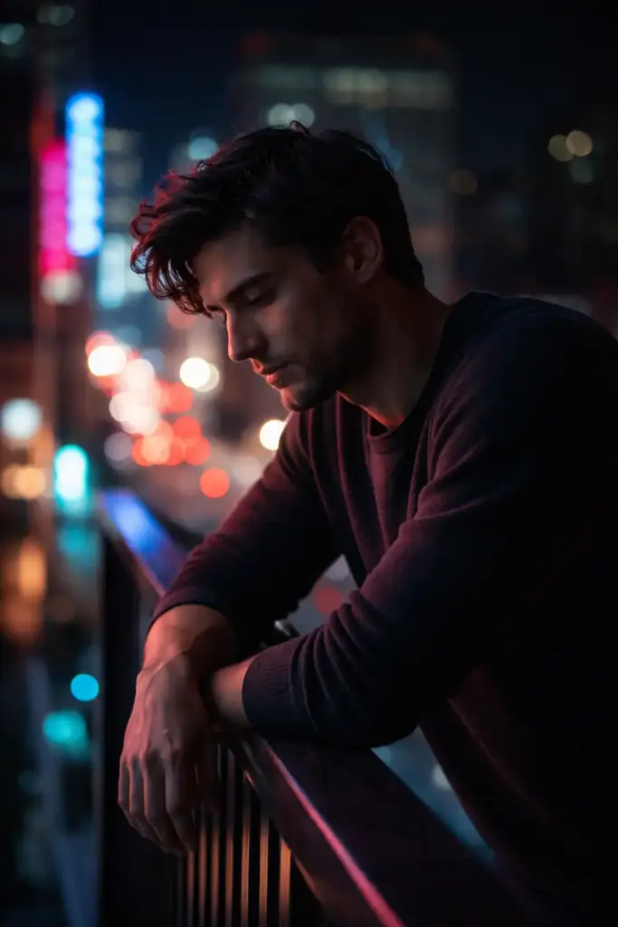 Create a cinematic portrait of a man leaning forward on a balcony railing at night, shoulders relaxed and gaze directed downward. He is dressed in a dark sweater with a fine knit texture. Neon signs and streetlights below cast colorful reflections on his face. The background is a soft blur of urban lights and traffic, with shallow depth of field adding cinematic intensity.