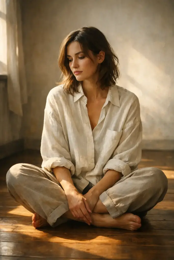 Create a cinematic portrait of a woman sitting cross-legged on a wooden floor in a sunlit room, her posture casual and introspective. She is wearing an oversized linen shirt and neutral-toned trousers. Light spills in from a side window, creating gentle highlights and soft shadows. The background is minimal, with subtle textures and warm tones, giving a calm cinematic mood.