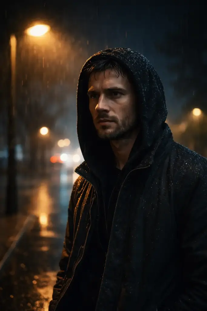 Create a cinematic portrait of a man standing under a streetlight during light rain, shoulders slightly hunched, gaze directed off-camera. He is wearing a dark hooded jacket with subtle water droplets visible on the fabric. The streetlight casts a warm glow on his face while the surroundings fall into cool blue shadows. The background shows a wet road with soft reflections and distant blurred lights, enhancing the cinematic atmosphere.