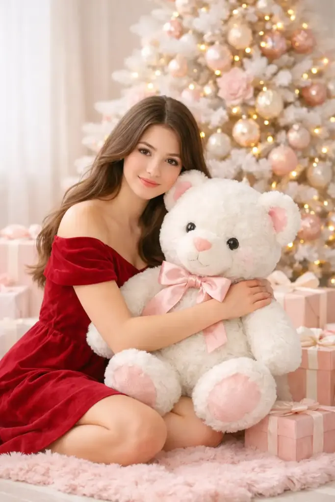 Create a soft, elegant Christmas portrait set in a bright, pastel-toned interior. A young woman with long, naturally flowing hair kneels on a plush pink rug, gently hugging a large white teddy bear with subtle pink accents and a satin ribbon. She wears an off-the-shoulder, deep red holiday dress that contrasts beautifully with the light, airy environment. Her expression is calm and warm, with a gentle, inviting gaze directed toward the camera. Behind her stands a white Christmas tree decorated with blush pink, champagne, and pearl-toned ornaments, intertwined with warm white fairy lights that create a delicate bokeh glow. Wrapped pastel gift boxes with ribbons sit at the base of the tree, reinforcing a soft, romantic holiday aesthetic. Use aspect ratio 3:4.