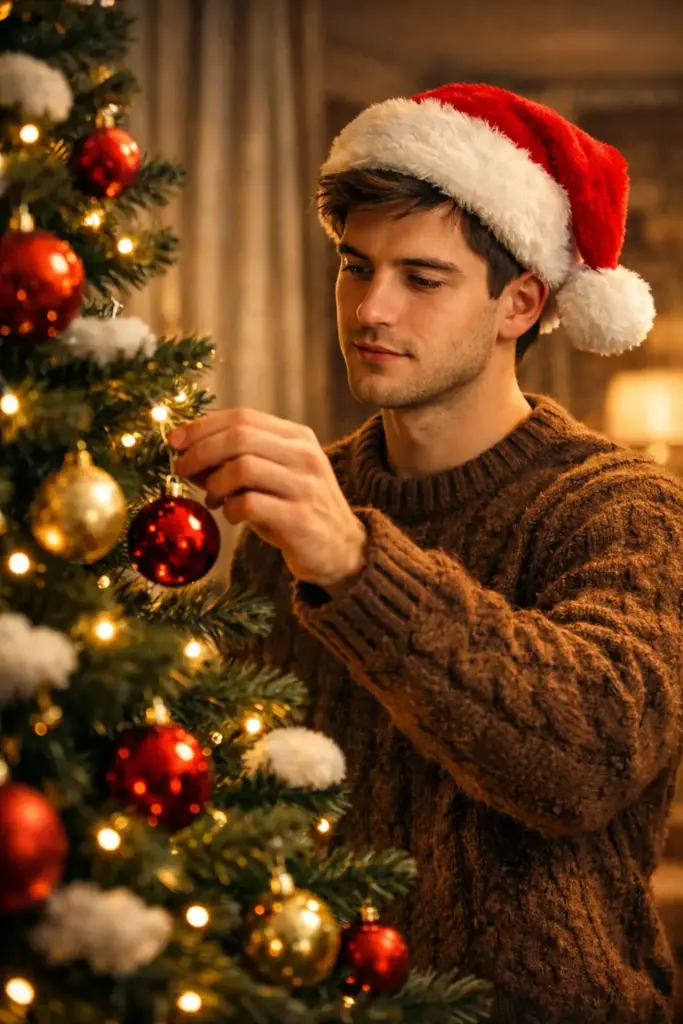 Create a cozy, cinematic Christmas interior scene featuring a young man decorating a Christmas tree. He wears a classic red-and-white Santa hat and a warm brown knitted sweater. His expression is calm and focused as he gently hangs a glossy red ornament onto the green pine branches. The Christmas tree is partially in the foreground, decorated with red and gold baubles and soft white accents, creating depth and a natural frame. The setting feels intimate and homey, with a softly blurred background suggesting a living room with neutral-toned curtains and warm textures. Use aspect ratio 3:4.