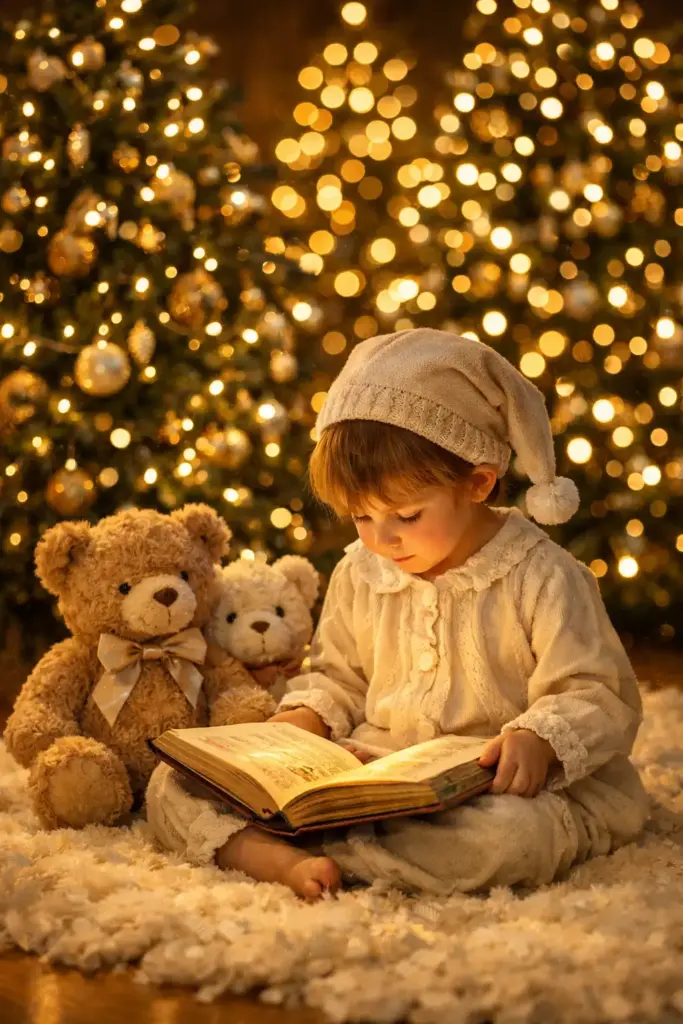 Create a magical, cozy Christmas nighttime scene featuring a small child seated on a soft cream-colored rug, quietly reading a festive hardcover book. The child wears light-colored, classic holiday clothing with a gentle, vintage-inspired look. Their posture is relaxed and absorbed, head slightly bowed as warm light softly illuminates their face and the pages of the book, creating a peaceful, storybook moment. Beside the child sit plush teddy bears in neutral tones, one adorned with a subtle ribbon, adding warmth and companionship to the scene. In the background, multiple Christmas trees are decorated with warm white fairy lights and elegant ornaments. The lights create a rich, dreamy bokeh effect, filling the background with glowing golden circles and a sense of wonder. Use aspect ratio 3:4.