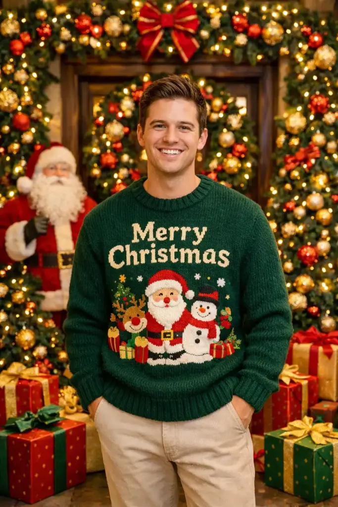 Create a vibrant Christmas portrait set in front of a richly decorated storefront or interior entrance, overflowing with holiday lights and ornaments. A smiling young man stands centered in the frame, radiating joy and warmth. He wears a deep green knitted Christmas sweater featuring a playful festive motif with Santa and holiday characters, along with the text "Merry Christmas." The sweater texture is thick and cozy, paired with light-colored trousers for a clean, classic holiday look. Behind him, lush green garlands, wreaths, and Christmas trees are densely decorated with warm white fairy lights, red and gold ornaments, and ribbon accents. Wrapped gift boxes in festive colors sit at the base of the display. A Santa figure is subtly visible in the background, adding charm and storytelling depth. Use aspect ratio 3:4.