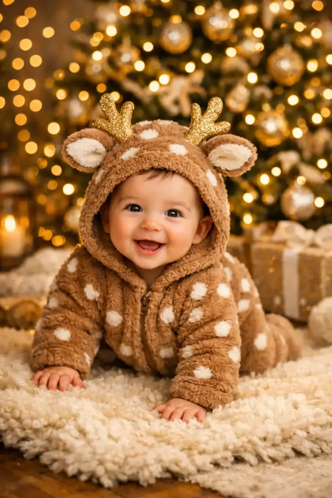 Create a cozy Christmas scene featuring a smiling baby dressed in an adorable reindeer-themed onesie. The outfit is soft and plush, warm brown in color with white polka-dot details, complete with a hood featuring small ears and glittering golden antlers. The baby is positioned on hands and knees atop a fluffy cream-colored rug, captured mid-crawl with a joyful, curious expression and bright, sparkling eyes. In the softly blurred background, a beautifully decorated Christmas tree glows with warm golden fairy lights, champagne and gold ornaments, and subtle festive décor. Wrapped gifts and soft textures surround the scene, enhancing the cozy, magical holiday atmosphere. The background lights form a rich bokeh effect, creating a dreamy, storybook quality. Use aspect 3:4.